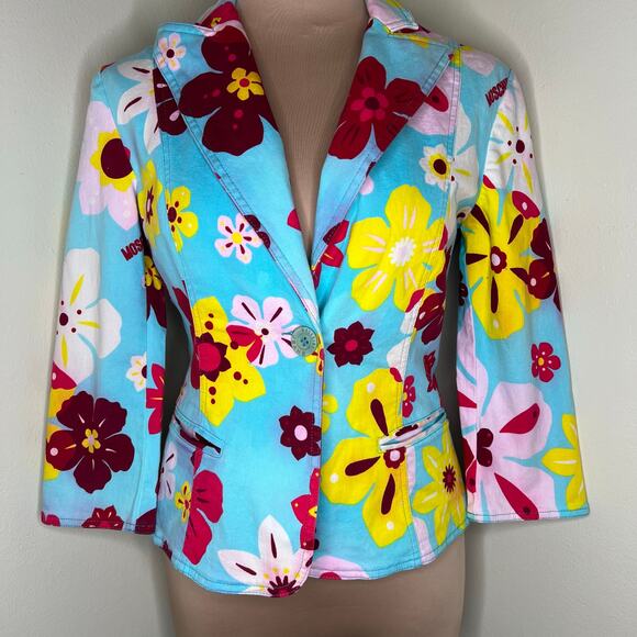 Moschino Jeans Jacket 10 Womens Blazer Colorful Retro Floral Designer Logo Italy - Picture 1 of 12